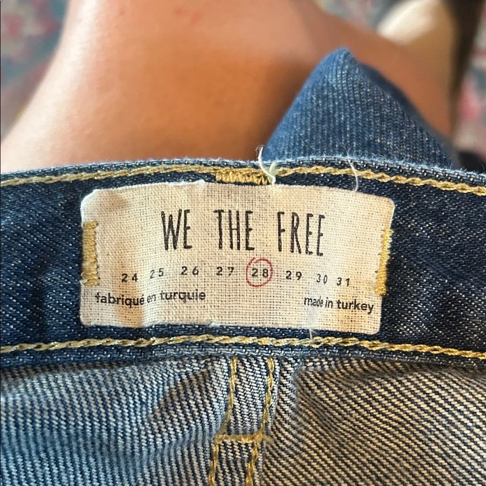 We The Free Maggie Mid Rise Distressed Blue Straight-Leg Jeans with Frayed Hem